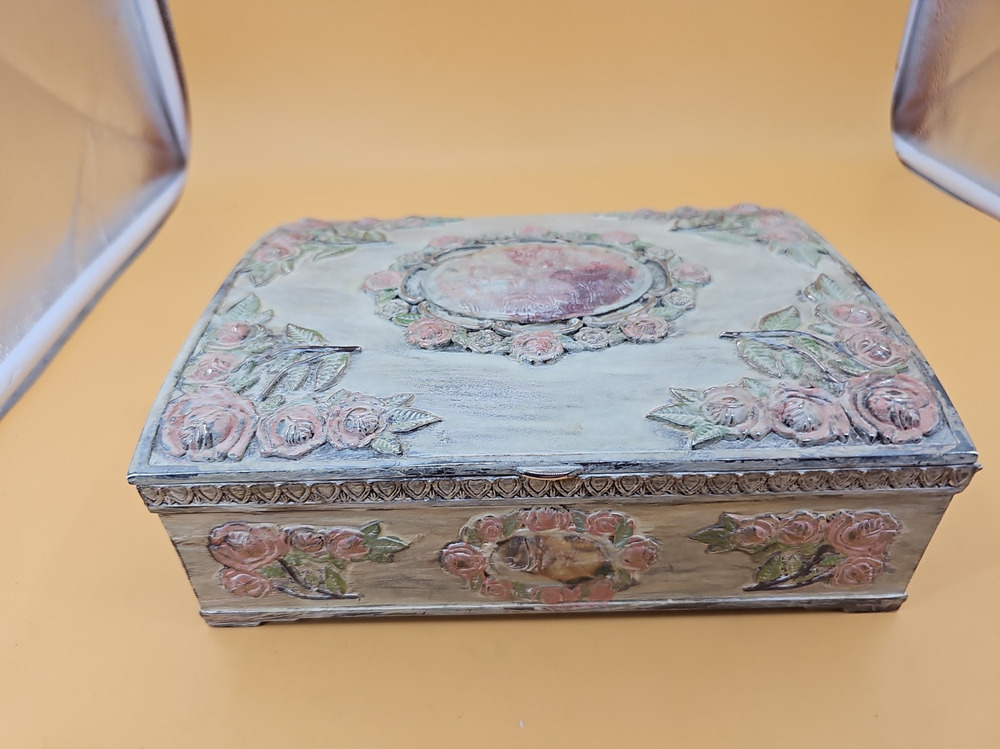 Heavy Metal Floral Jewelry Tin Box Light Blue Pink Roses